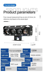 Four 4 Quad Lens – External LED – 120 Watt – White Yellow – Focused Light – Anti Fog